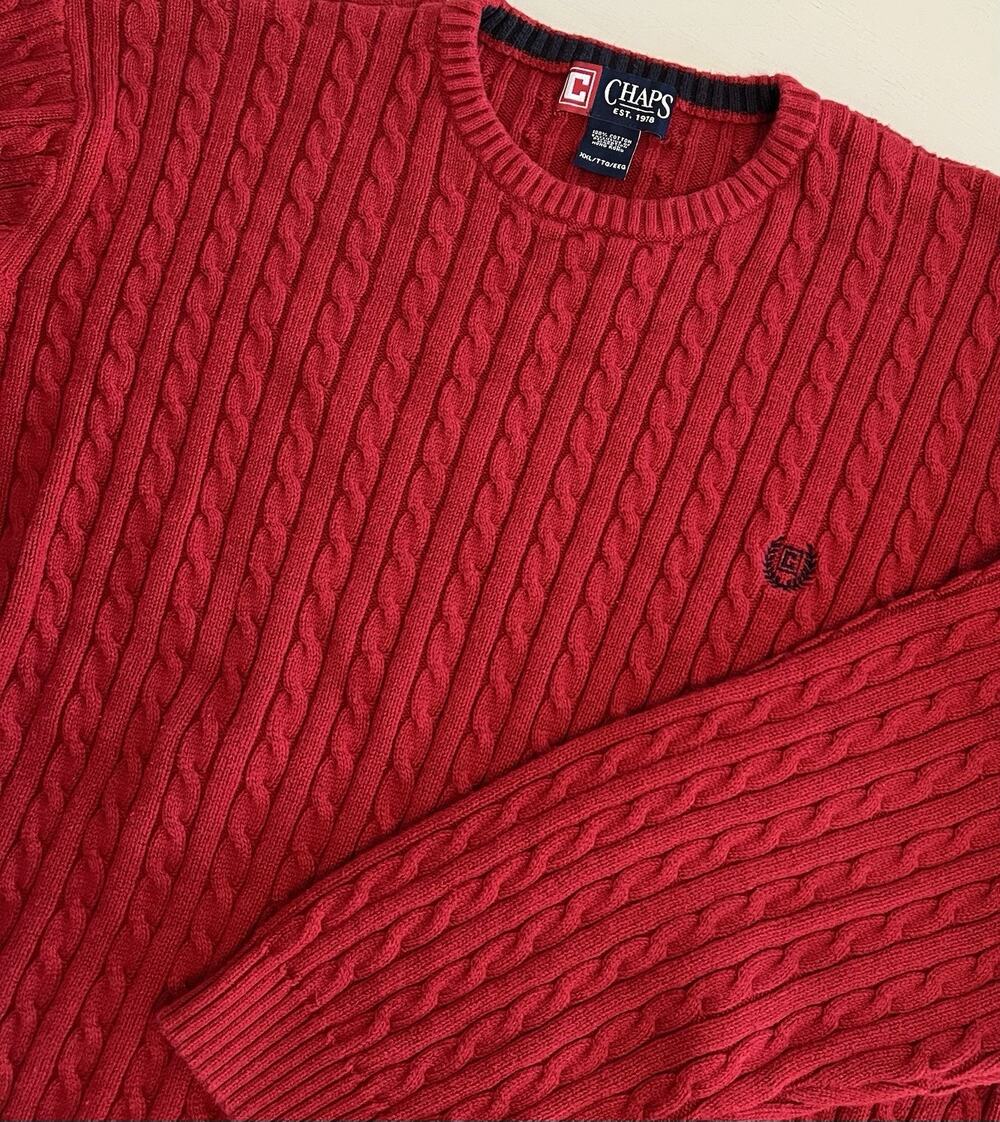 Vintage Chaps Ralph Lauren Fisherman Sweater Mens XXL Red Crest Cable Knit Soft